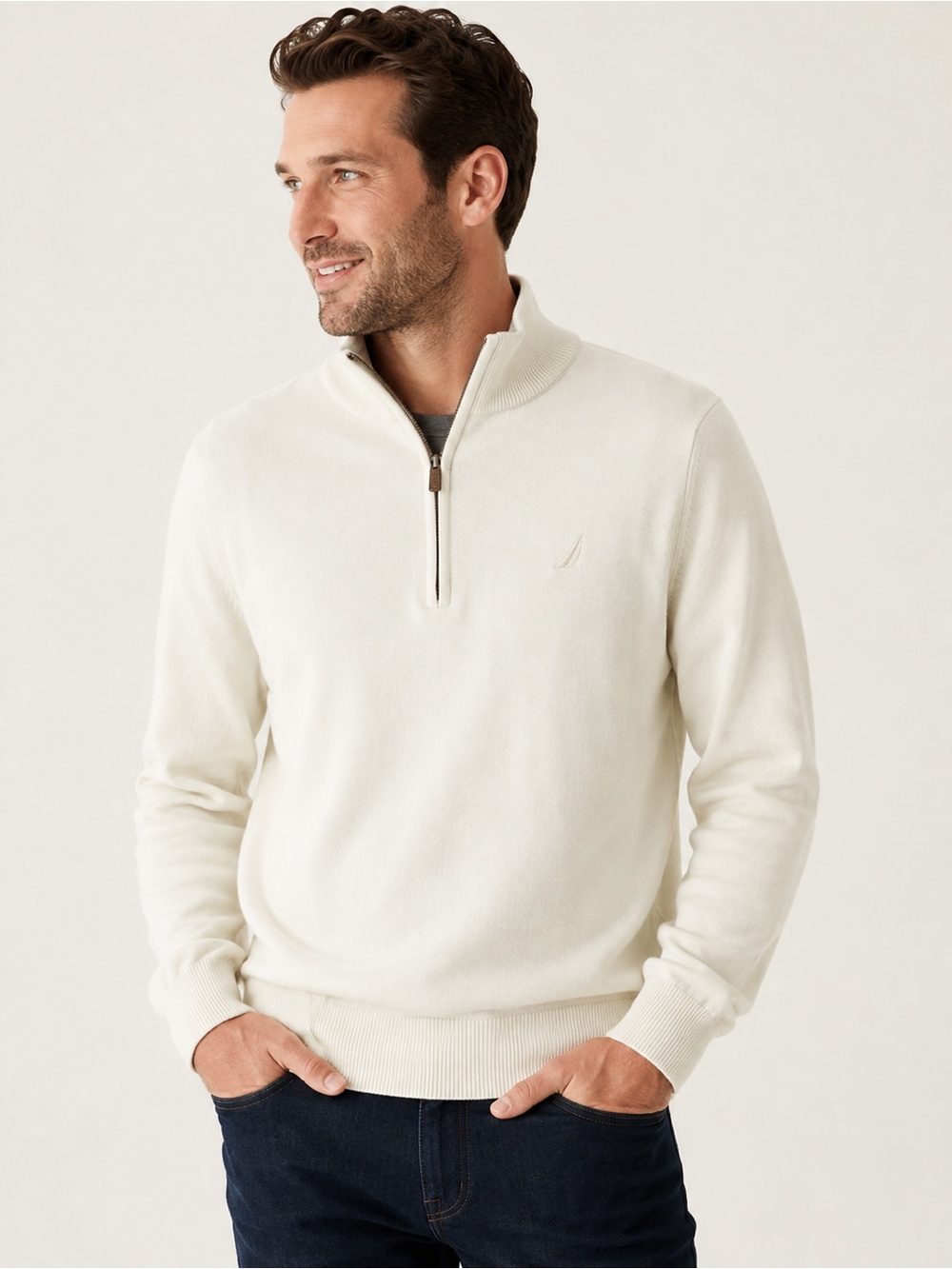 Nautica Men's Cream Half-Zip Pullover Sweater